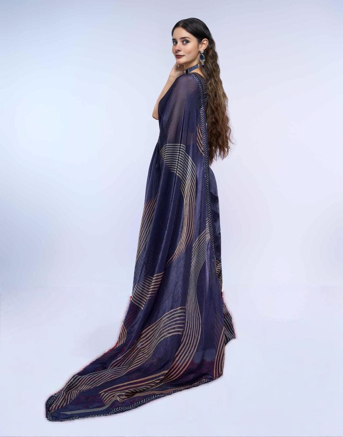 Women's Navy Blue Designer Saree with Stylish Border – Elegant Party Wear & Festive Saree