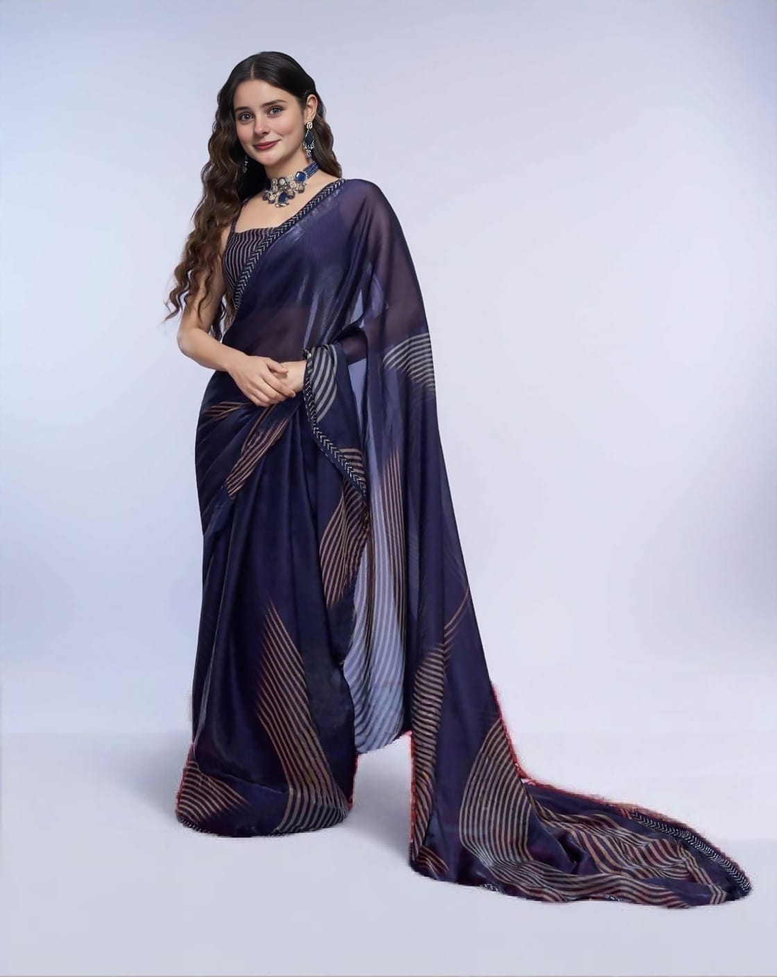 Women's Navy Blue Designer Saree with Stylish Border – Elegant Party Wear & Festive Saree