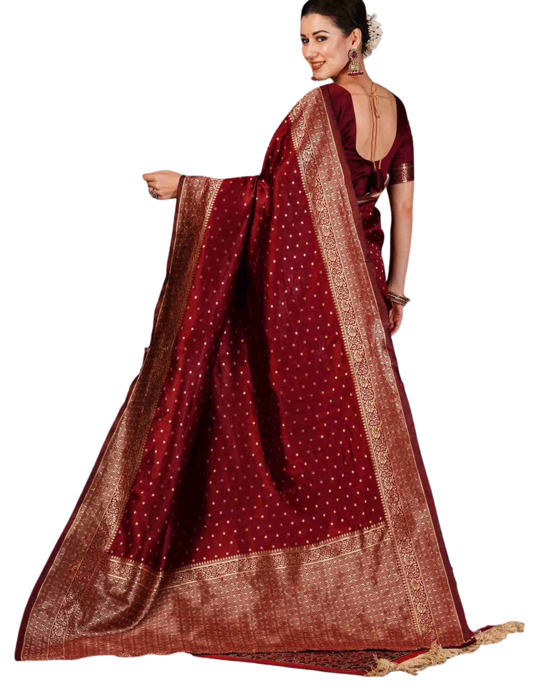 Women's Maroon Silk Blend Saree with Golden Zari Border – Traditional Party Wear & Wedding Saree