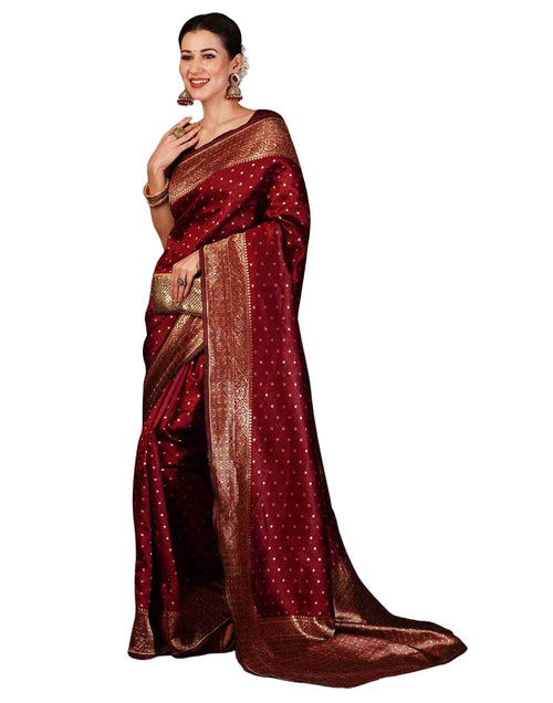 Women's Maroon Silk Blend Saree with Golden Zari Border – Traditional Party Wear & Wedding Saree