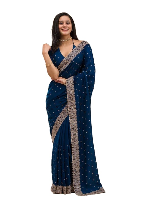Women's Navy Blue Party Wear Saree | Designer Border | Festive & Wedding Collection