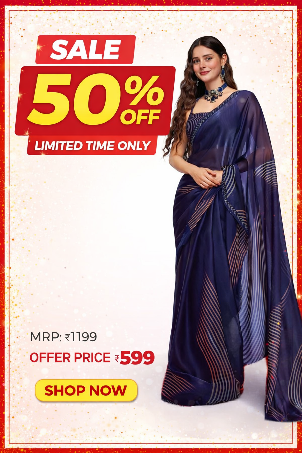 Women's Navy Blue Designer Saree with Stylish Border – Elegant Party Wear & Festive Saree