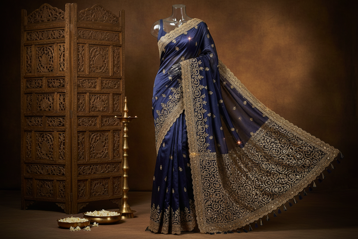 Midnight Blue Gold Swarovski Saree
